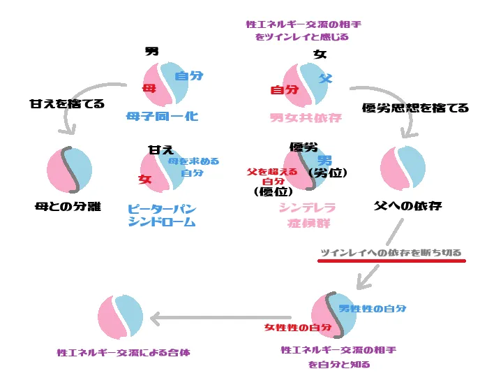 図の説明：性エネルギー交流は「自分」と「ツインレイ」の違いがある